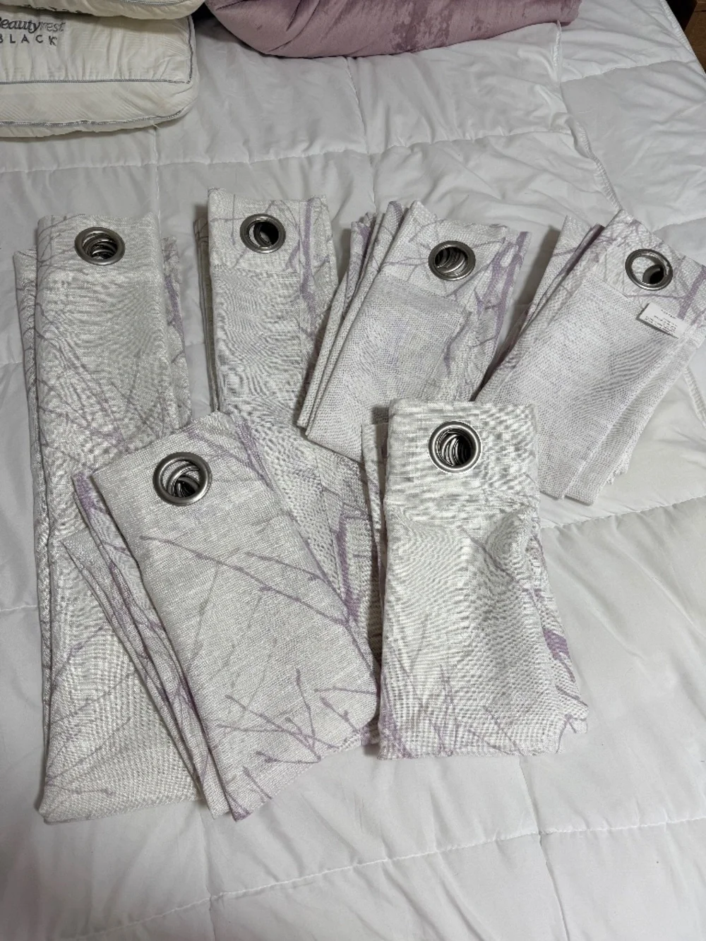 Set of 6 White Linen-Look Curtain Panels – Purple & Gray Tree Branch Print 48x54